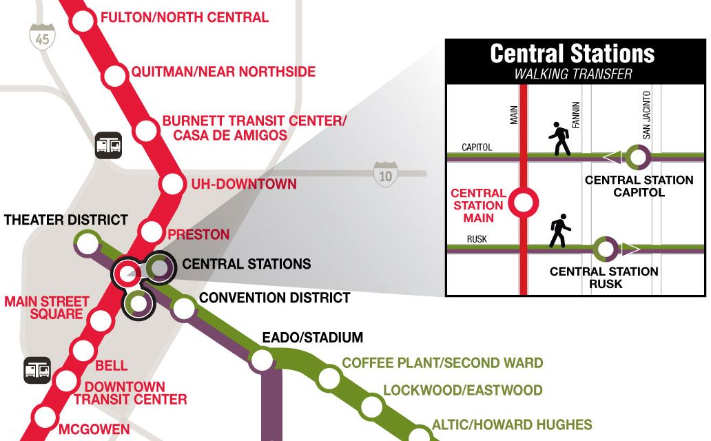 Zoomed-in version of traditional METRORail map showing where all three METRORail lines intersect in downtown Houston.